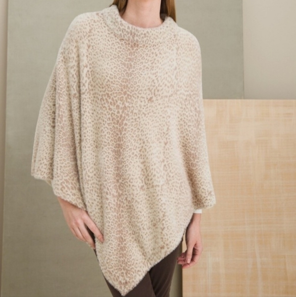 Chico's Leopard Fuzzy Poncho Sweater L‎ / XL Quiet Luxury Transitional Spring